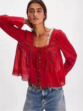 Free People Red Lace-Trim Peasant Blouse